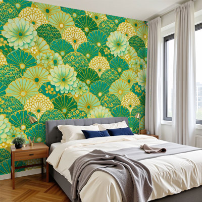 Peel and Stick Wallpaper 96" W x 69" H Modern Self Adhesive Wall Mural for Bedroom Abstract Green Gold Fan Design Floral Elements