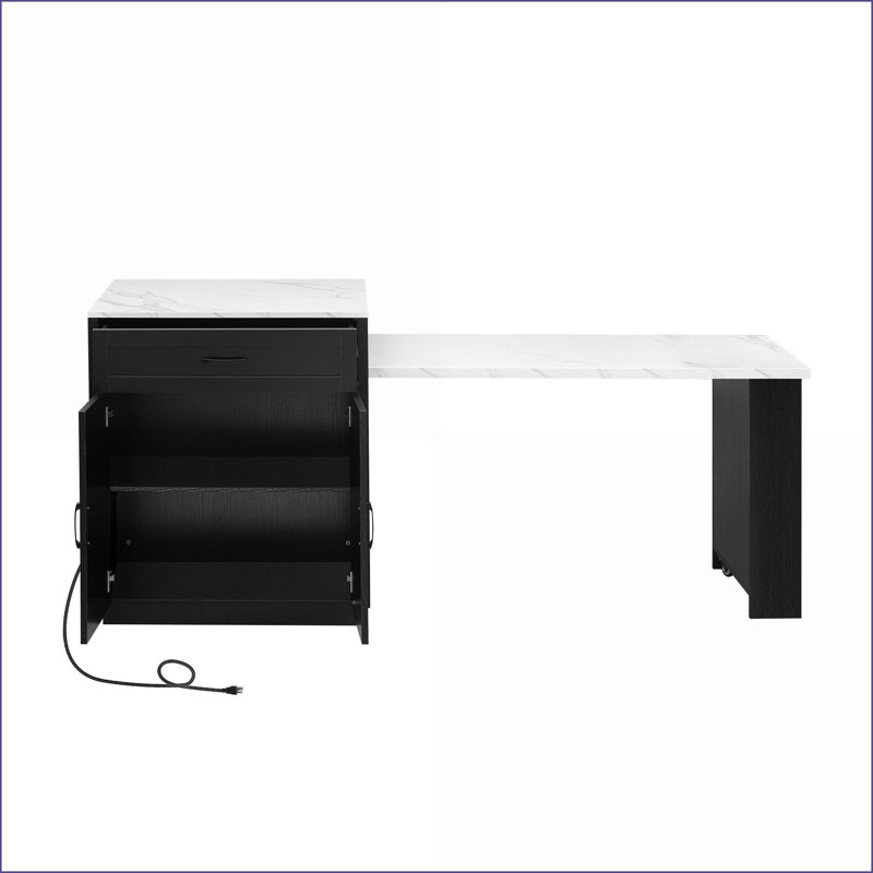 Kitchen Island with Extendable Dining Table – Black P2 MDF, Faux Marble Top, Storage Drawers/Cabinets, Power Outlets | Modern Style, Black