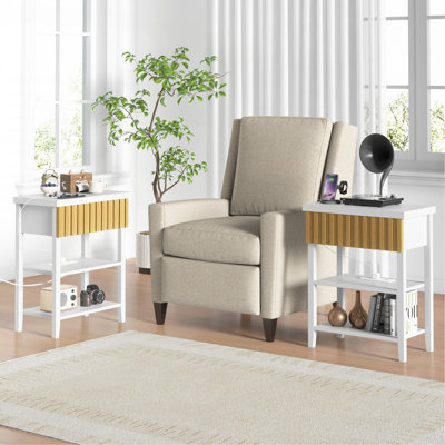 Fluted Nightstand with Charging Station,Farmhouse Night Stand with Drawer & 2 Open Storage Shelves,Modern Side Table for Bedroom Small Space Living Room Entryway(Set of 2)