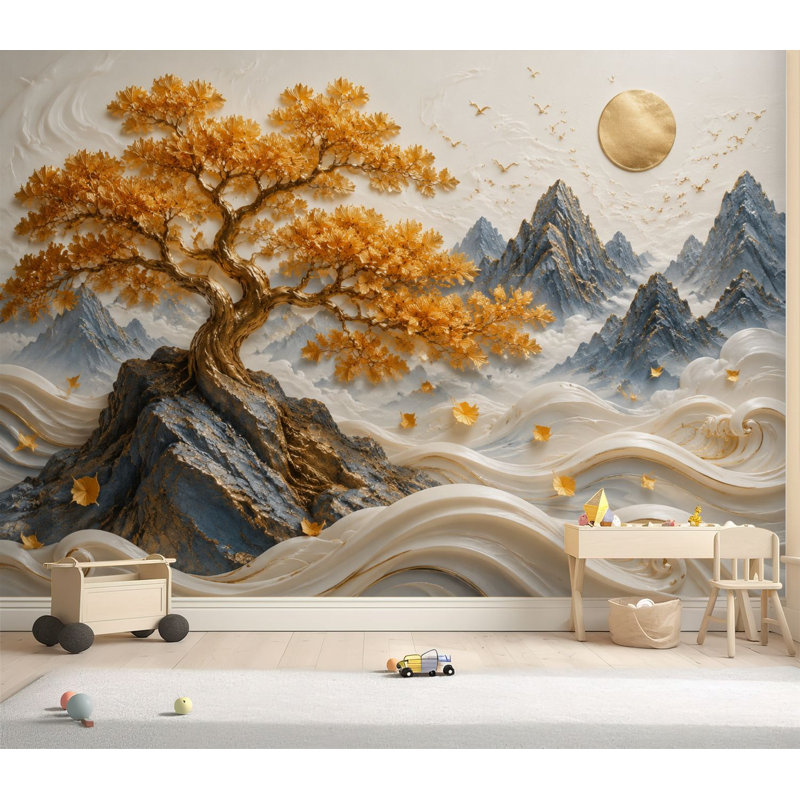 Papier peint adhésif peler et coller Golden Tree Mountain Landscape Abstract Waves Misty Peaks Effect, L 69 po x l 96 po