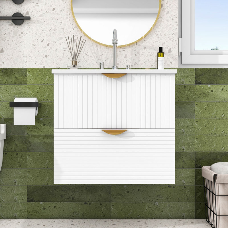 Meuble-lavabo mural 24 po avec poignées dorées et 2 tiroirs, Blanc