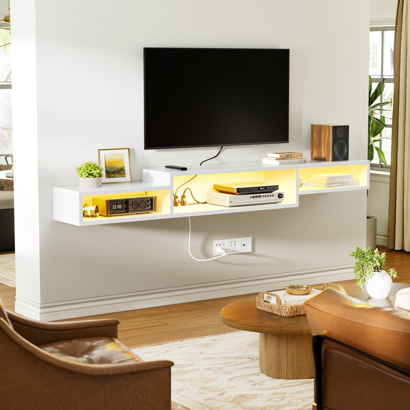 Wynny 60" Floating TV Stand with Electrical Outlets, Media Center, 6" H x 59" W x 11" D, White