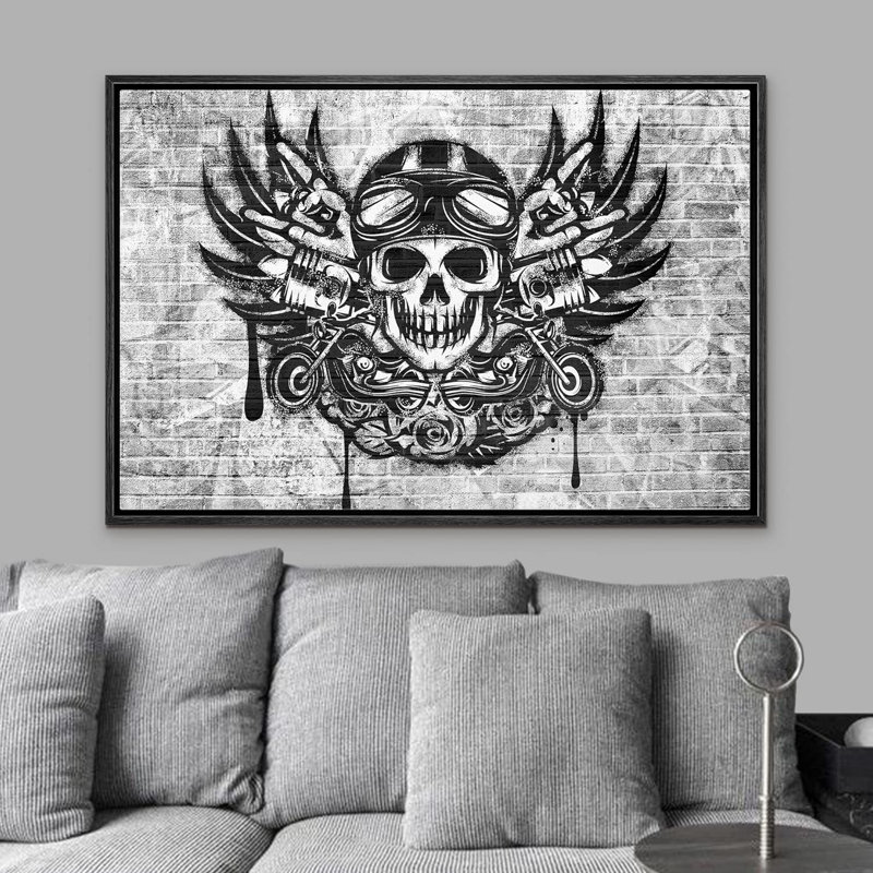 «Black & White», peinture à l'aérosol, crâne de motard, graffiti et art urbain, art moderne urbain foncé sur toile