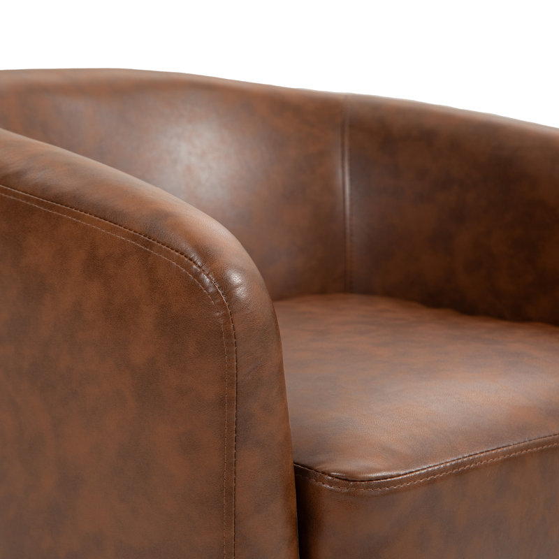 Fauteuil demi-tonneau pivotant en similicuir avec base en bois massif Applewold, Similicuir café