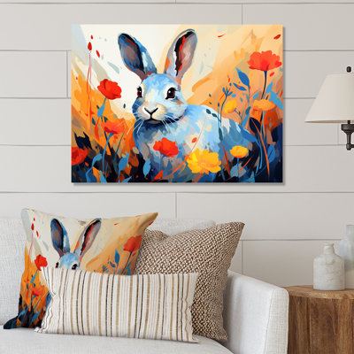 «Blue Rabbit Flower Meadows» - Art mural en métal animal lapin