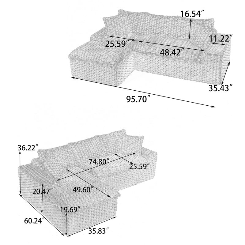 Canapé modulaire multifonctionnel en velours 85,70 po (côté gauche) et (côté droit), Polyester noir