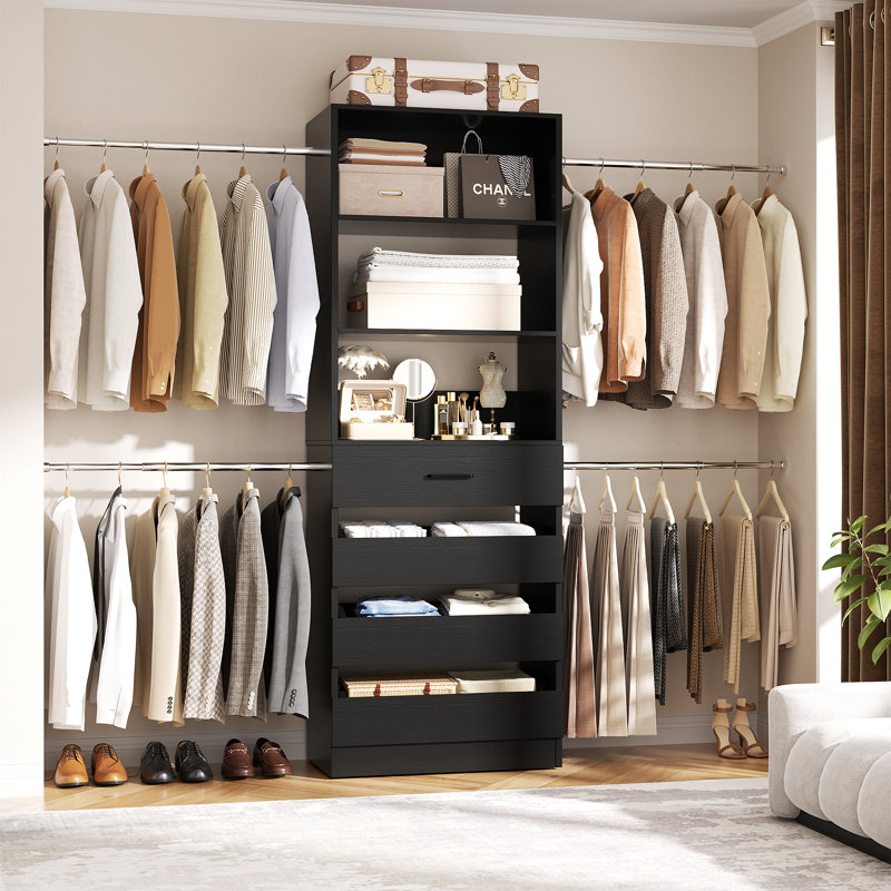 74"W To 116"W Adjustable Closet Organizer With 4 Drawers & 4 Rods, Black