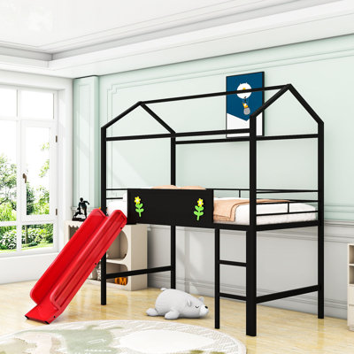 Twin Size Metal Loft Bed With Slide And Writing Board