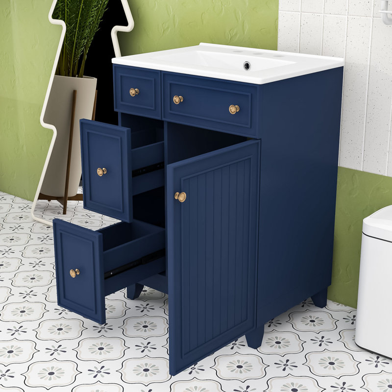 Armoire de meuble-lavabo 24 po avec lavabo en céramique, 2 tiroirs et rangement, Bleu, Doré