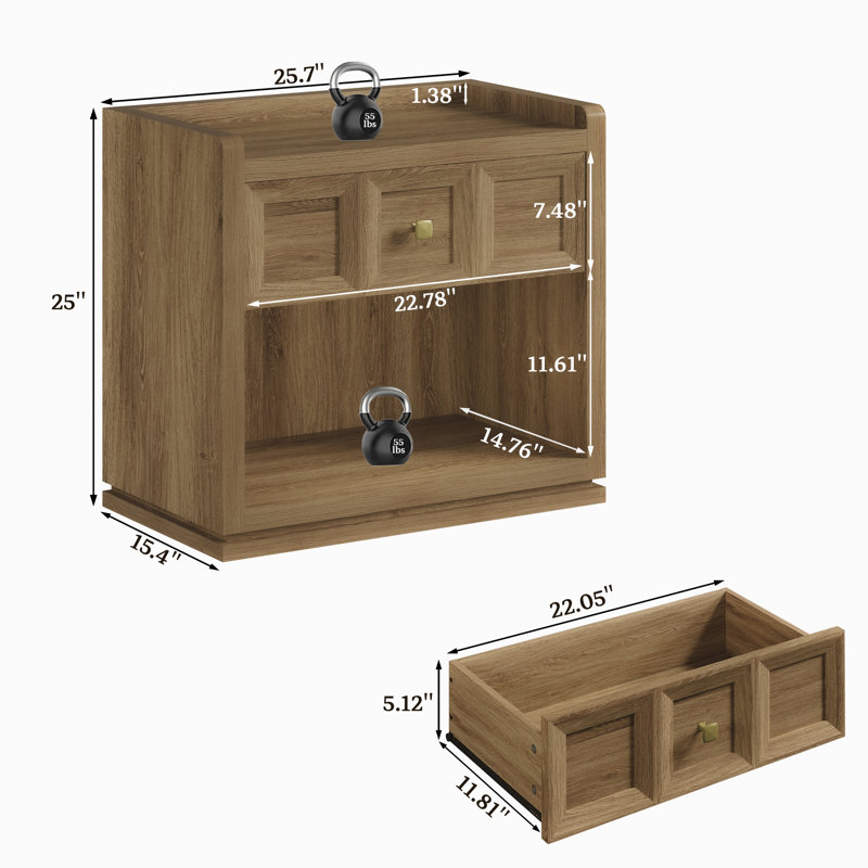 Tables de chevet l 30,7 po Helio avec 1 tiroir et 1 armoire de rangement ouverte, Naturel, H 25 po x l 25,7 po x P 15,4 po
