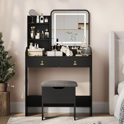 Makeup Vanity with LED Mirror & Charging Station, 2 Drawers & Storage Stool for Bedroom
