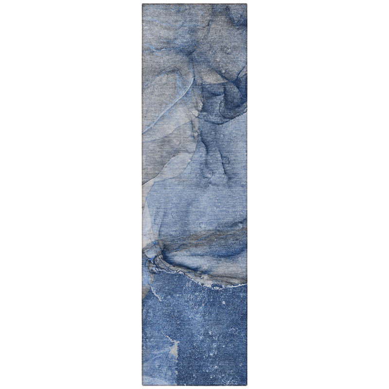 Tapis de couloir d'extérieur lavable abstrait 2 pi x 8 pi bleu marine