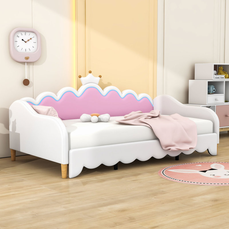 Extendable Twin Daybed with Headboard and LED Frame in Solid MDF, White