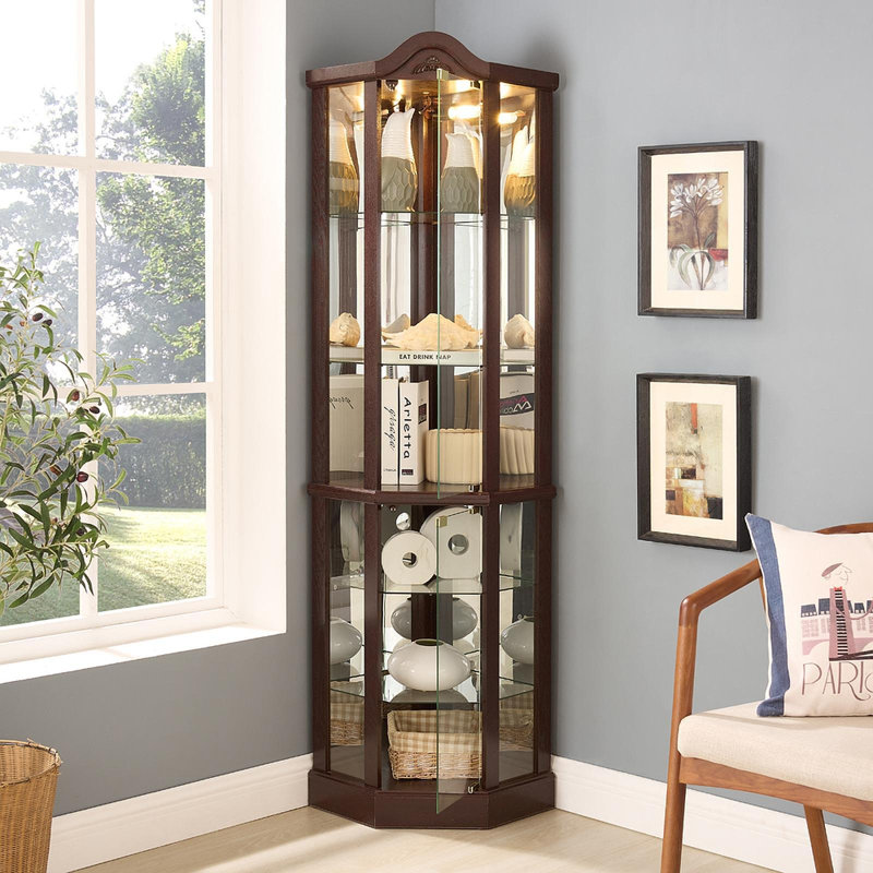Vitrine d'angle vitrée avec vitrine d'angle vitrée, vitrine avec armoire lumineuse, armoire à vin avec tablettes réglables en verre, décoration sculptée DAARK CHERRY, lumière (incluse)