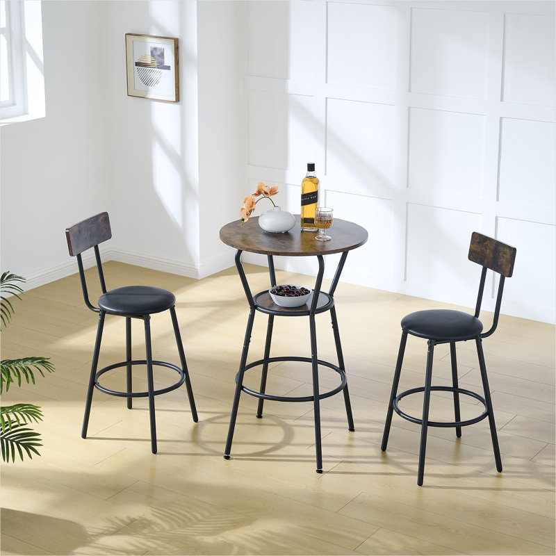 Ensemble de table de bar antique brun avec tabourets rembourrés et tablette centrale, 24 po