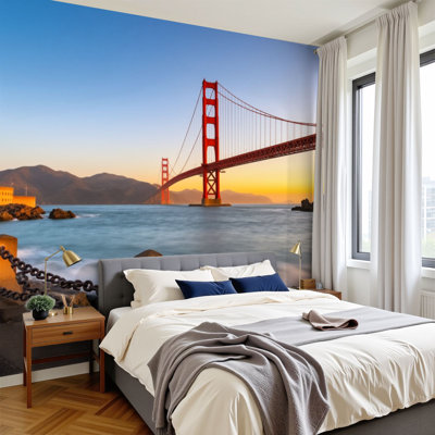 Peel and Stick Wallpaper Golden Gate Bridge Sunset Ocean Rocky Shoreline Summer Decor Wall Murals 100"H x 144"W Removable PVC Wall Paper Self-Adhesive Wall Decor for Bedroom Living Room Home Office
