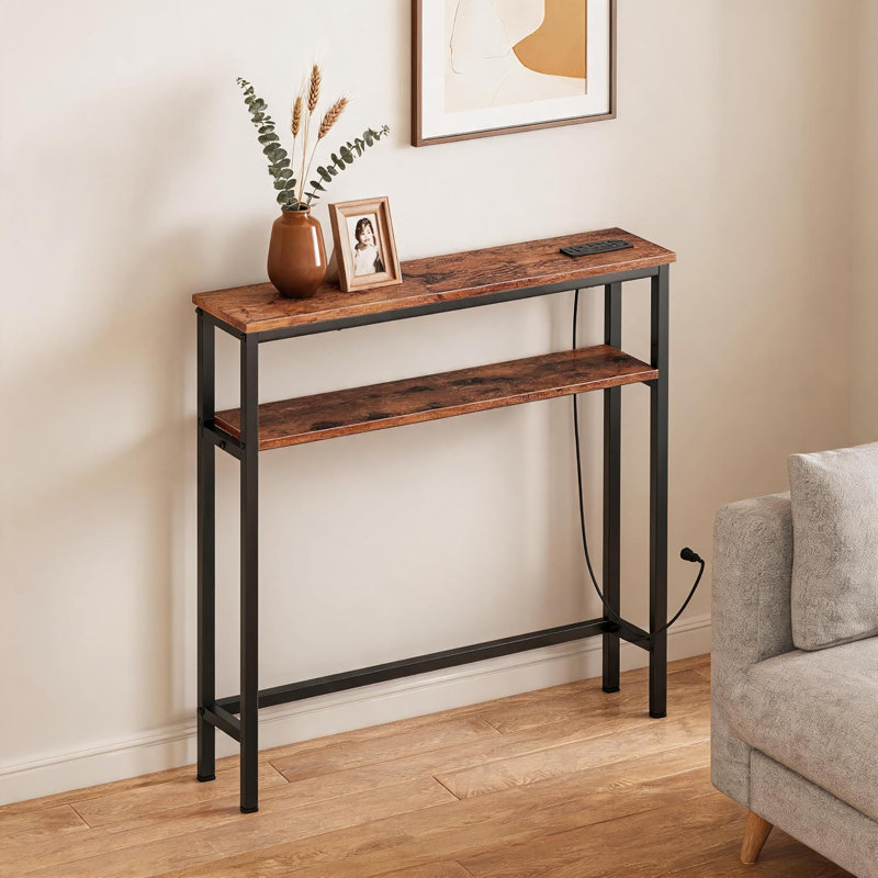 39.4" Narrow Console Table with Power Outlet, 2-Tier Sofa Table for Entryway