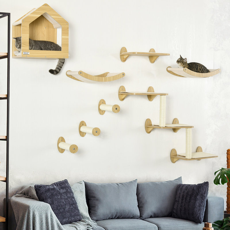 Arbre à chat à 10 niveaux, fixation murale et conception ergonomique pour plateformes à 10 niveaux, offrant un espace de détente