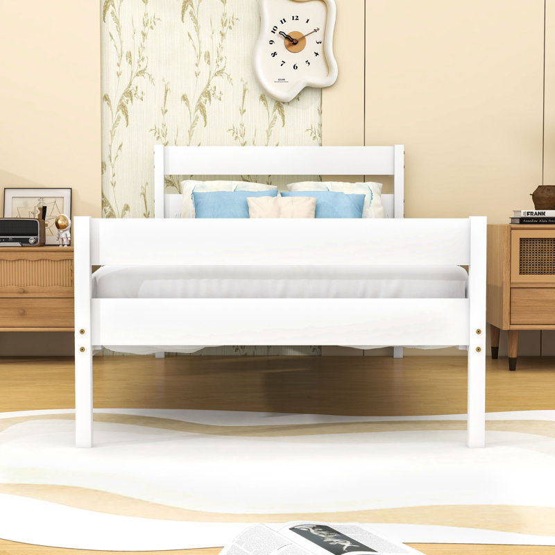 Lit simple en bois avec tête et pied de lit, conception peu encombrante, Blanc