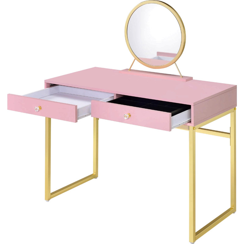 Bureau de coiffeuse 2 tiroirs avec miroir et plateau à bijoux, rose et or