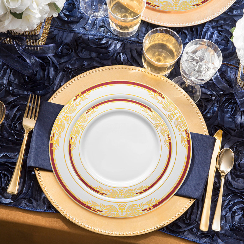 Ensemble de 120 pièces en plastique blanc avec bordure harmonieuse bourgogne et or pour mariage