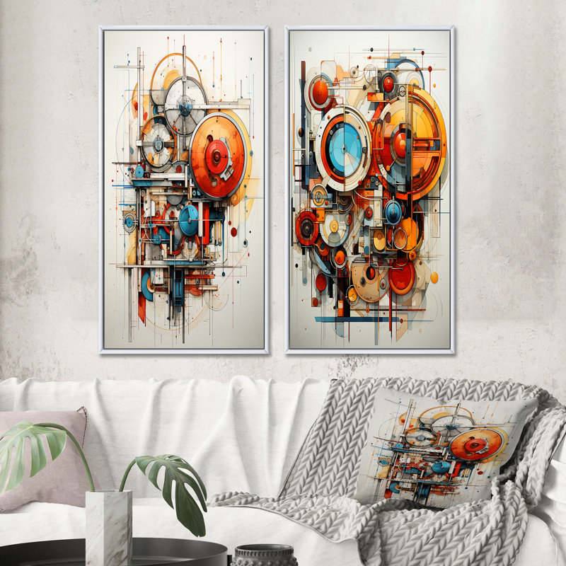 " Constructivism Dynamic Assemblage Geometric " 2 - Pieces, 20" H x 24" W, White Framed