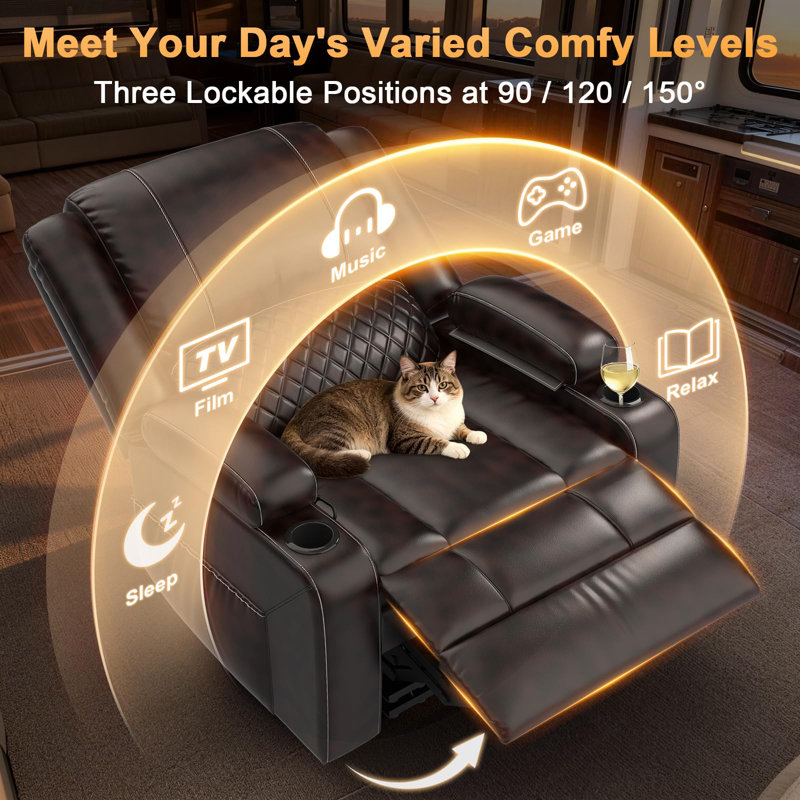 Single Recliner Sofa for RV & Home, 3-Position Recliner with Arm Storage and Side Pocket, Brown, Faux Leather