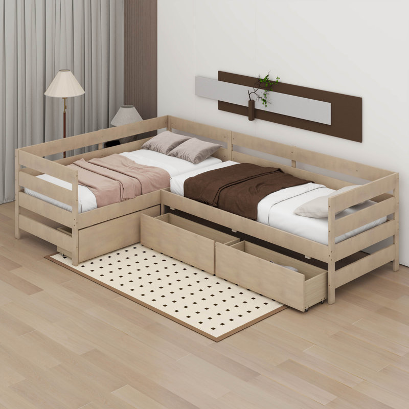 Twin Size L-Shaped Bed Frame With Drawers And Space-Saving 2 Beds In 1 Design, Natural