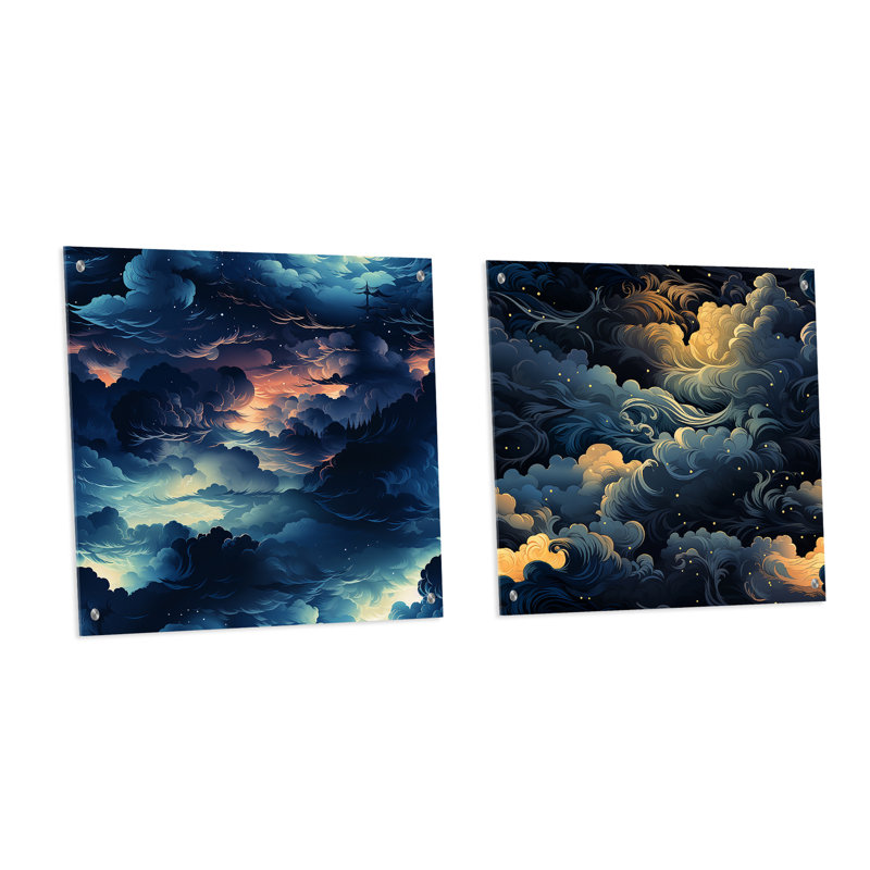 Noir Skies Moody Patterns - Ensemble abstrait d'art mural en acrylique sur verre, H 36 po x l 73 po