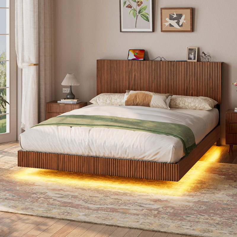 Queen Floating Bed Frame With Headboard, Fluted Platform Bed With Led Lights, Heavy Duty Floating Bedframe With Charging Station, No Box Spring Needed