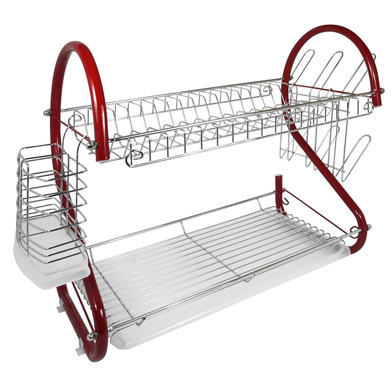 Stainless Steel Two Tier Dish Rack, Red