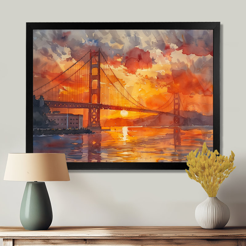 Impression d'art mural jaune et rouge Golden Gate Summer Sunset Glow III - Ponts, Toile encadrée noire simple
