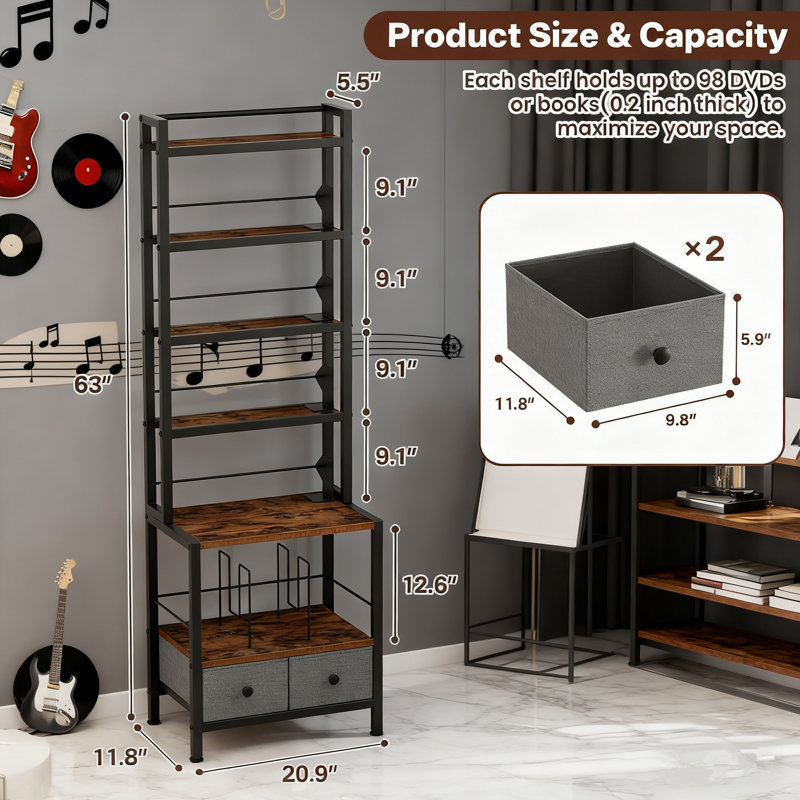 Tour de rangement multimédia à 6 niveaux pour DVD, disques vinyles et CD