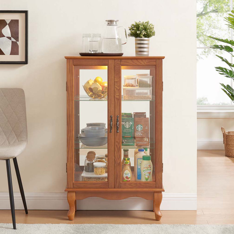 Vitrine 2 portes avec portes en verre trempé, armoires de terrasse avec panneau arrière en miroir et tablettes réglables, vitrine éclairée pour la maison, ampoule de bureau incluse, chêne