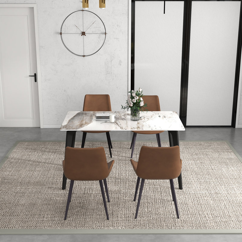 Fairy Nedek 5-Piece Modern Rectangular Sintered Stone Dining Table Set With 4 Brown Faux Leather Chairs, Pandora
