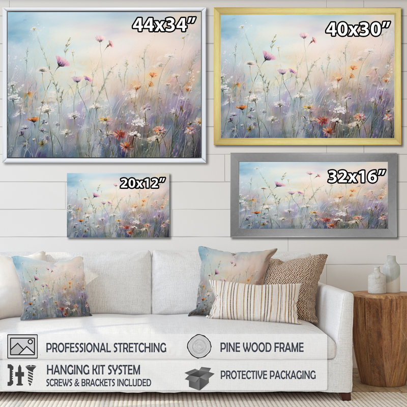 Wildflowers Wander meadows - Art mural de fleurs sauvages pour le salon, H 34 po x l 44 po, Toile tendue, Sans cadre