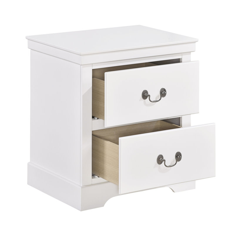 Table de chevet blanche avec 2 tiroirs, glissières en métal et poignées en nickel satiné