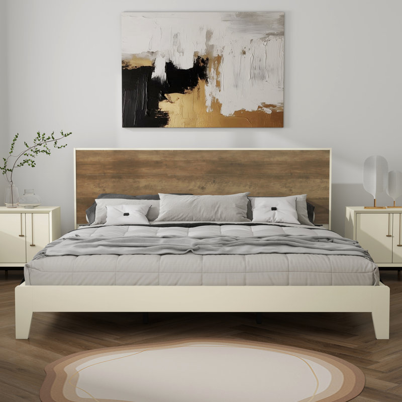 Allyannah Levison Platform Bed With Headboard, King, Ivory/Knotty oak