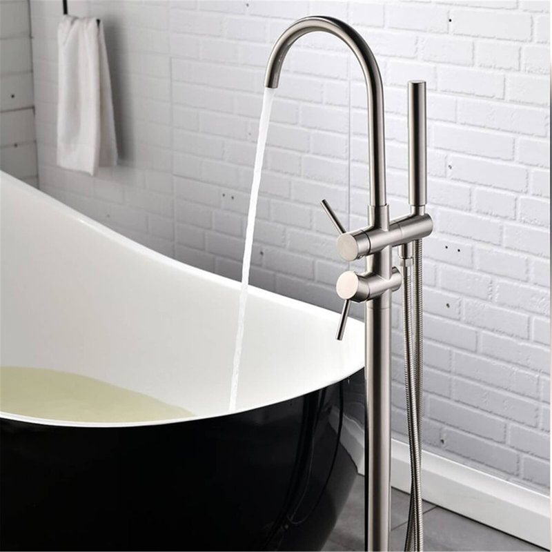 2 Handle Floor Clawfoot Tub Faucet with Diverter, Brushed Nickel