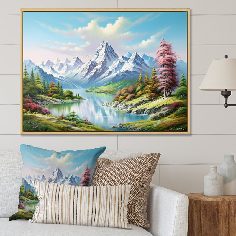 Paysage de rêve sur un lac de montagne sur toile, Cadre flottant blanc, 30" H x 40" W