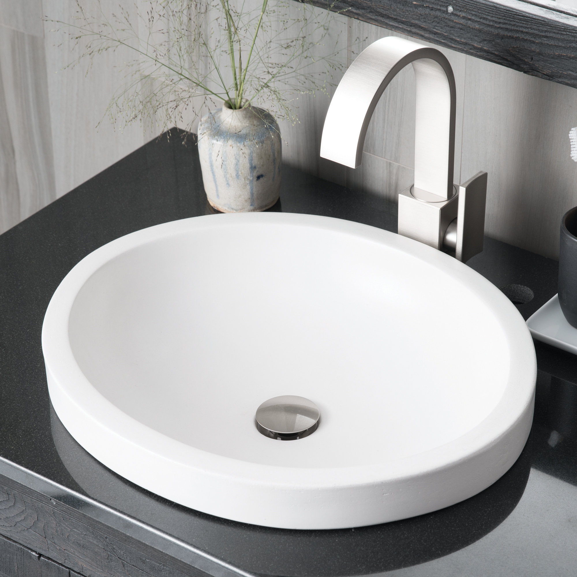 Tolosa NativeStone Concrete Oval Dual-Mount Bathroom Sink, Pearl
