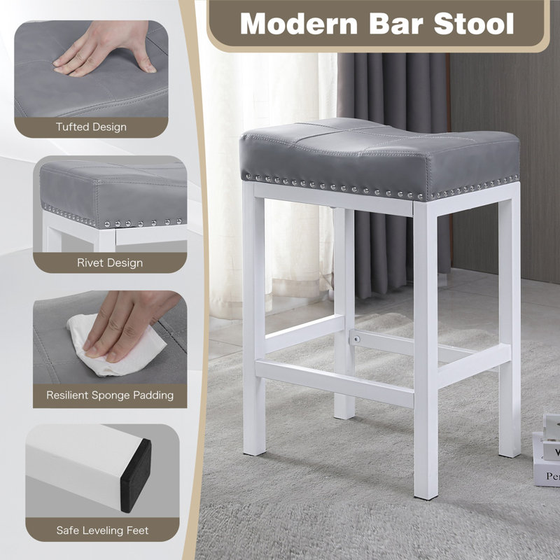 Backless Counter Stool with Metal Frame, Gray/White, 3