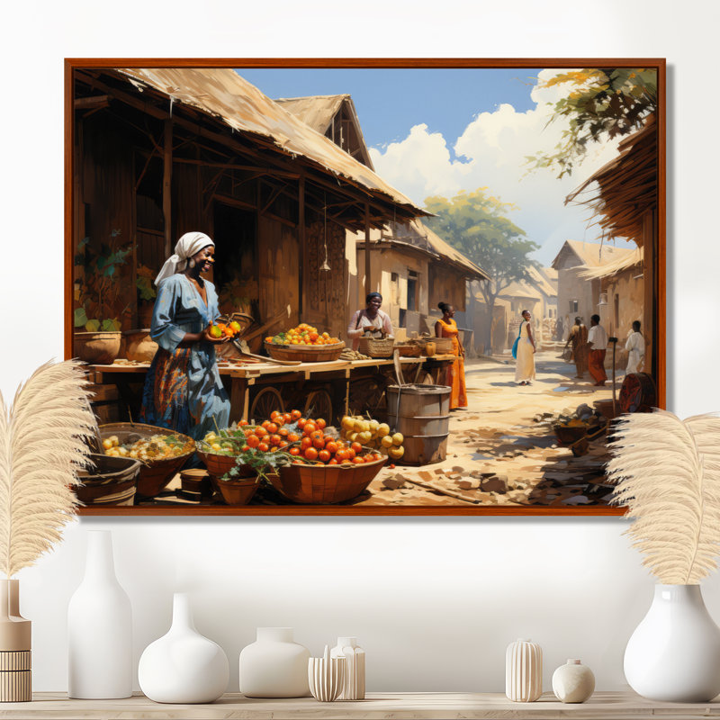 African Vibrant Market II - Art mural africain, H 24 po x l 32 po, Brun, Reproduction avec cadre flottant