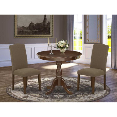 3 Piece Wood Dining Table Set Contains 1 Round Pedestal Table and 2 Dark Coffee Linen Fabric Dining Room Chairs High Back with Nail Heads - Mahogany Finish
