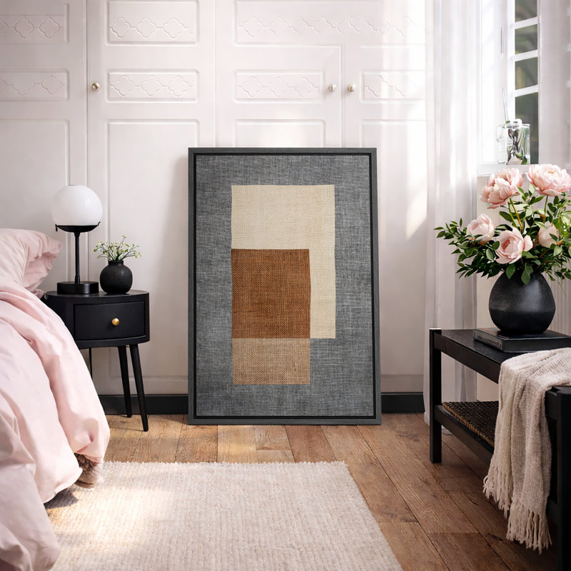 Mid Century Shape "Brown, Beige, Grey Abstract Blocks Artwork, Geometric Modern Rustic Minimalist Wall Pictures, Large Framed Canvas Giclee Print Wall Art"