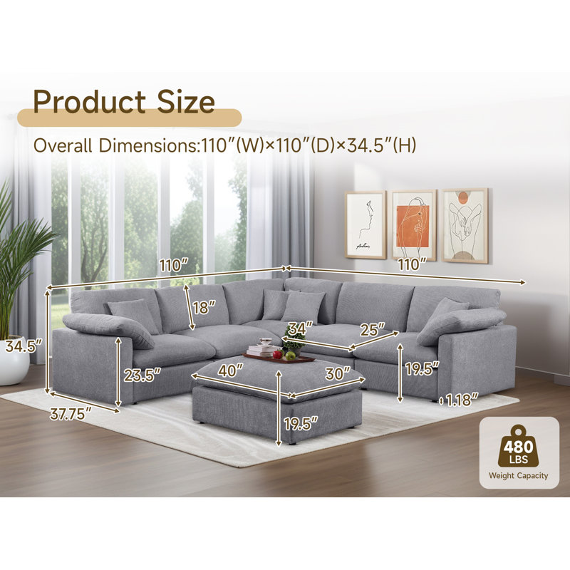 Modular Sectional Sofa, Oversized Cloud Couch With Deep Seats, Soft Fabric Cushions, Gray Fabric, 30" H x 108" W x 108" D 