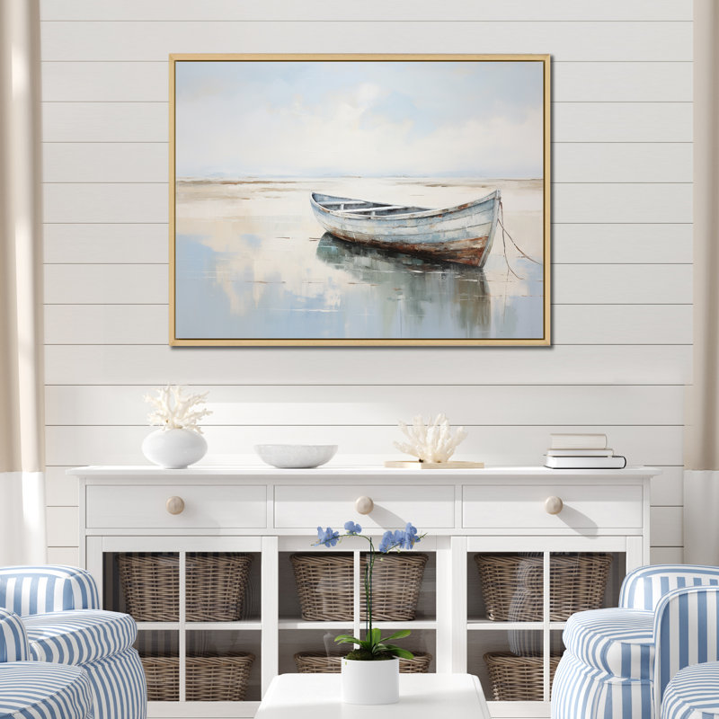 Bleu et blanc, petit bateau au bord du lac I - impression sur toile, H 30 po x l 40 po x P 1,5 po, Cadre flottant naturel
