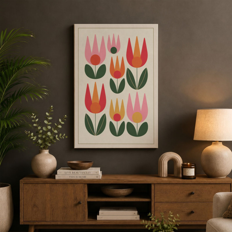 Stylized Tulip Composition Mid-Century - Wrapped Canvas, 18x12 - 45.7 x 30.5 cm, White Border