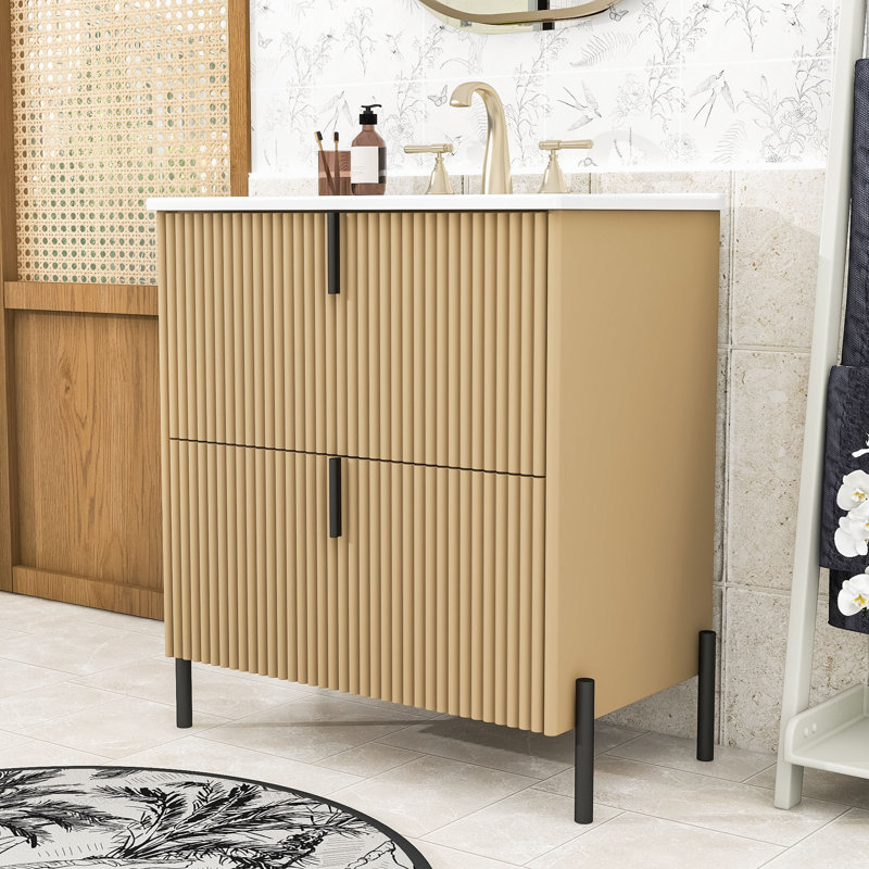 Meuble-lavabo moderne avec rangement optimal et lavabo brillant, Naturel