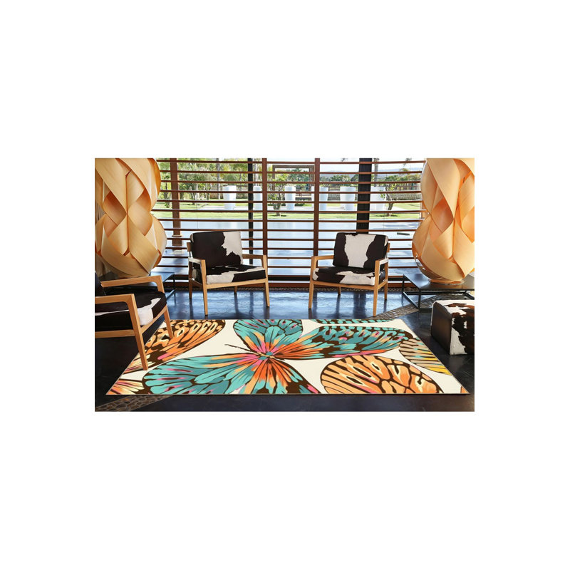 Modern Flying Butterfly Patterned Woven Base Washable Rug, Square 3'3" 